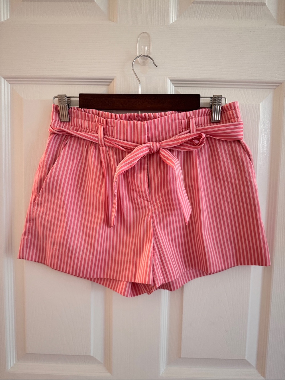LOFT Pink Striped High-Waist Paperbag Shorts with Tie
